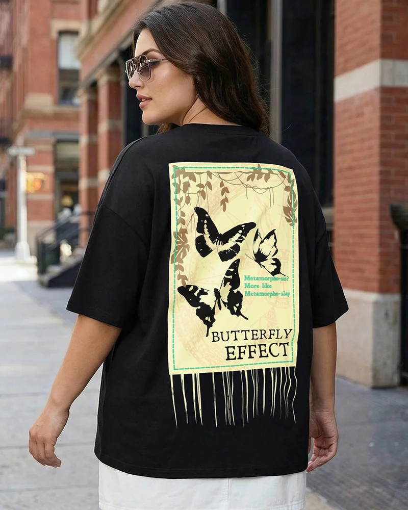 بيواكوف Women's Jet Black Butterfly Effect Graphic Printed Oversized Plus Size T-shirt